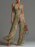 Marina | Tuta in Chiffon Verde Floreale con Scollo a V e Gambe Larghe