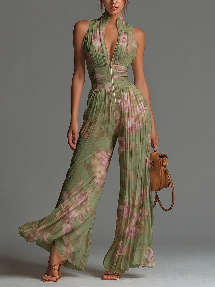 Marina | Tuta in Chiffon Verde Floreale con Scollo a V e Gambe Larghe