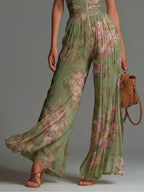 Marina | Tuta in Chiffon Verde Floreale con Scollo a V e Gambe Larghe