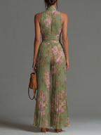 Marina | Tuta in Chiffon Verde Floreale con Scollo a V e Gambe Larghe