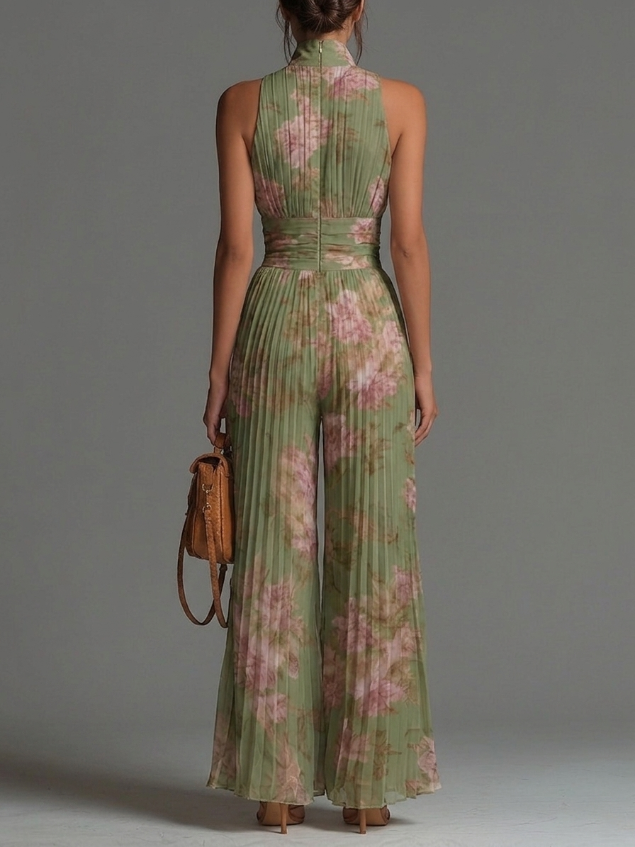 Marina | Tuta in Chiffon Verde Floreale con Scollo a V e Gambe Larghe