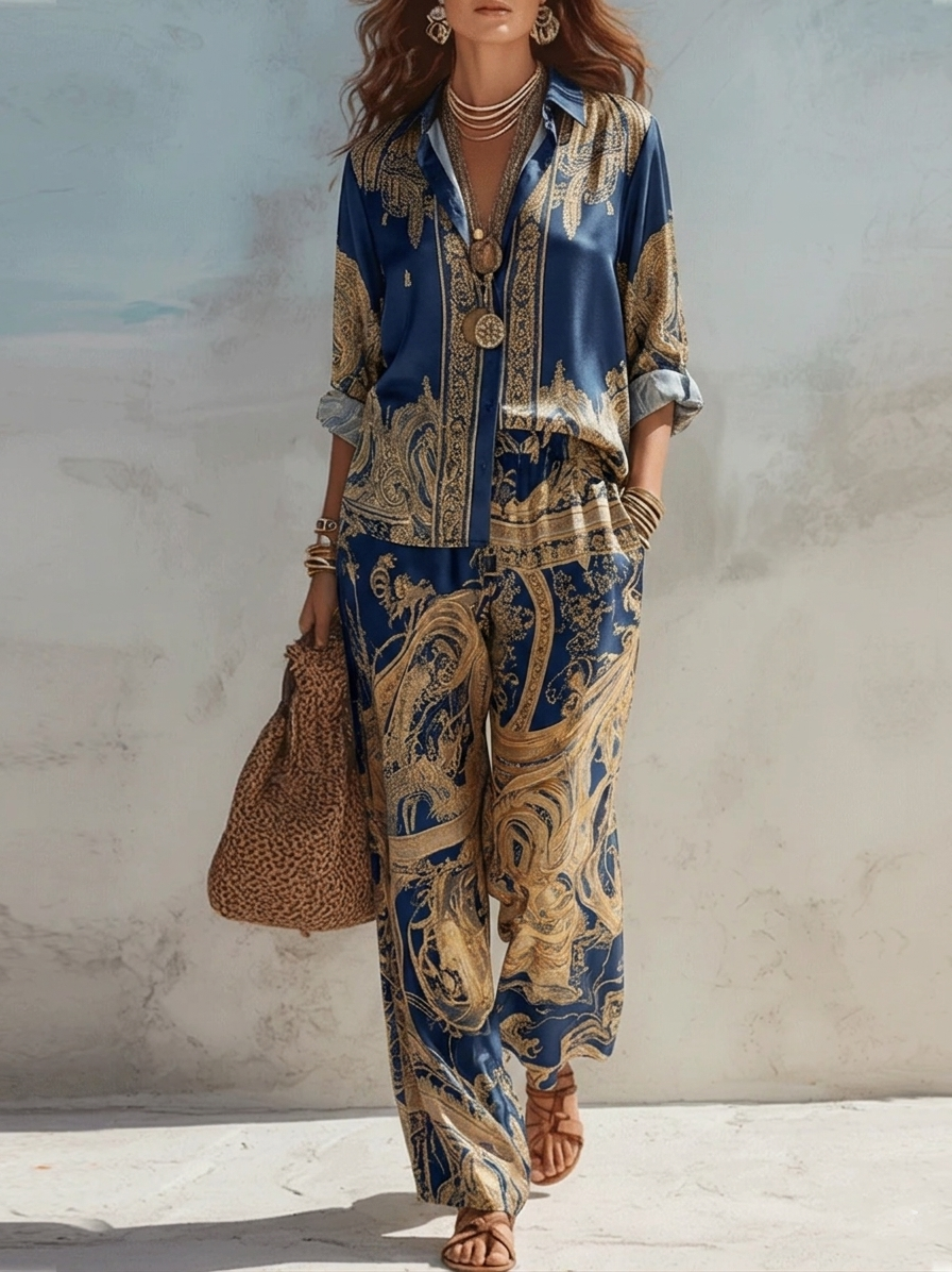 Beatrice | Set Camicia con Stampa Barocca Blu Navy e Pantaloni a Gamba Larga