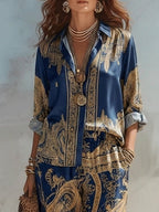 Beatrice | Set Camicia con Stampa Barocca Blu Navy e Pantaloni a Gamba Larga
