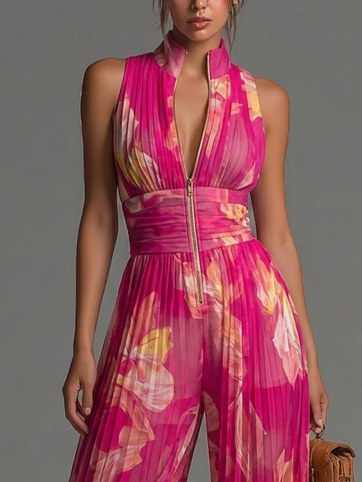 Roberta | Tuta in Chiffon Stampato Fucsia con Zip e Pieghe, Senza Maniche