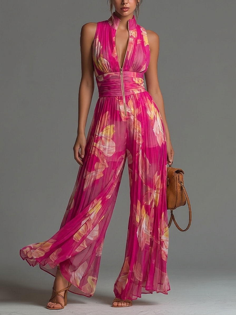 Roberta | Tuta in Chiffon Stampato Fucsia con Zip e Pieghe, Senza Maniche