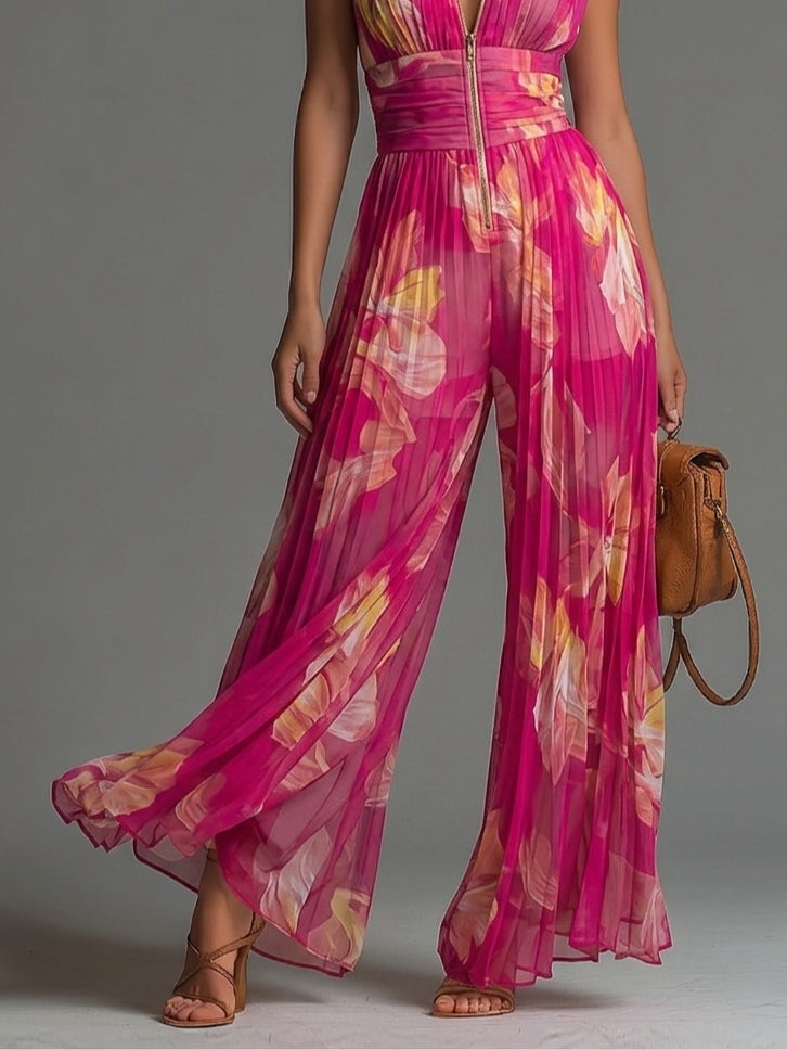 Roberta | Tuta in Chiffon Stampato Fucsia con Zip e Pieghe, Senza Maniche