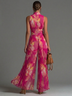 Roberta | Tuta in Chiffon Stampato Fucsia con Zip e Pieghe, Senza Maniche