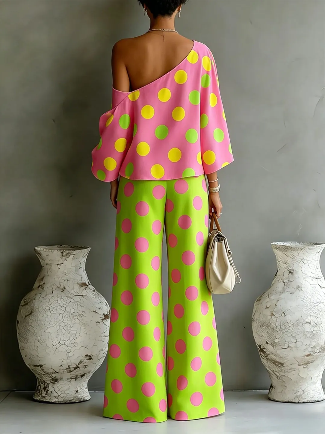 Top colorato a pois, senza spalle, e pantaloni ampi - Completo due pezzi