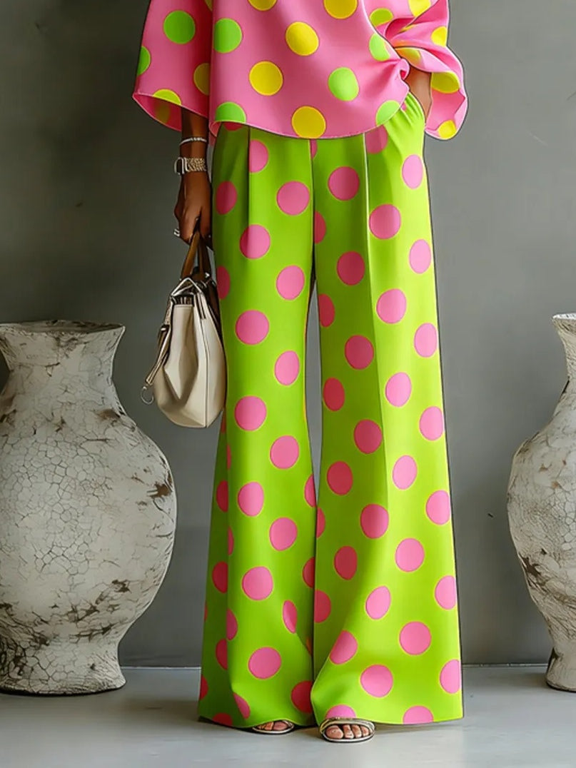 Top colorato a pois, senza spalle, e pantaloni ampi - Completo due pezzi