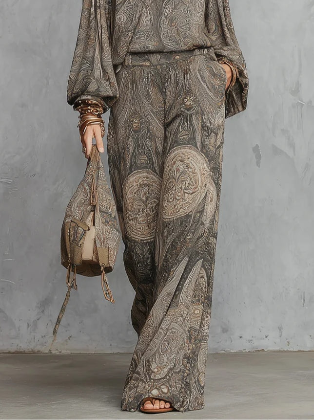 Beatrice | Top a Maniche Lantern Fantasia Paisley Grigio e Pantaloni a Gamba Larga