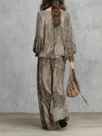 Beatrice | Top a Maniche Lantern Fantasia Paisley Grigio e Pantaloni a Gamba Larga