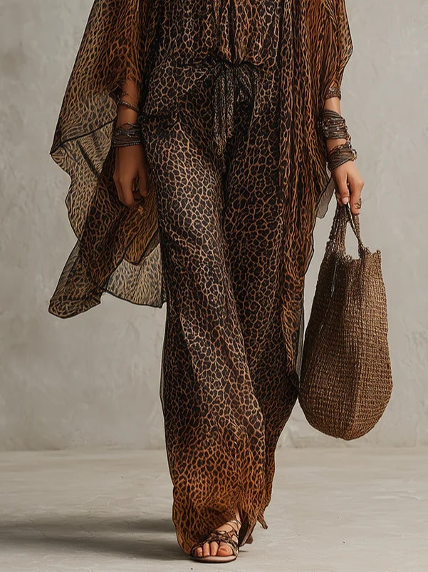 Set di tre pezzi in raso leopardato a gradiente bohemien