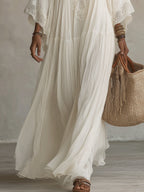 Anna | Abito Lungo in Chiffon con Scollo a V e Maniche a Pipistrello in Pizzo