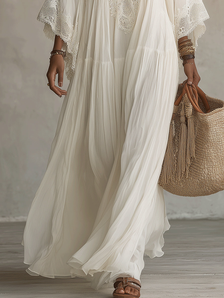 Anna | Abito Lungo in Chiffon con Scollo a V e Maniche a Pipistrello in Pizzo