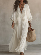 Anna | Abito Lungo in Chiffon con Scollo a V e Maniche a Pipistrello in Pizzo
