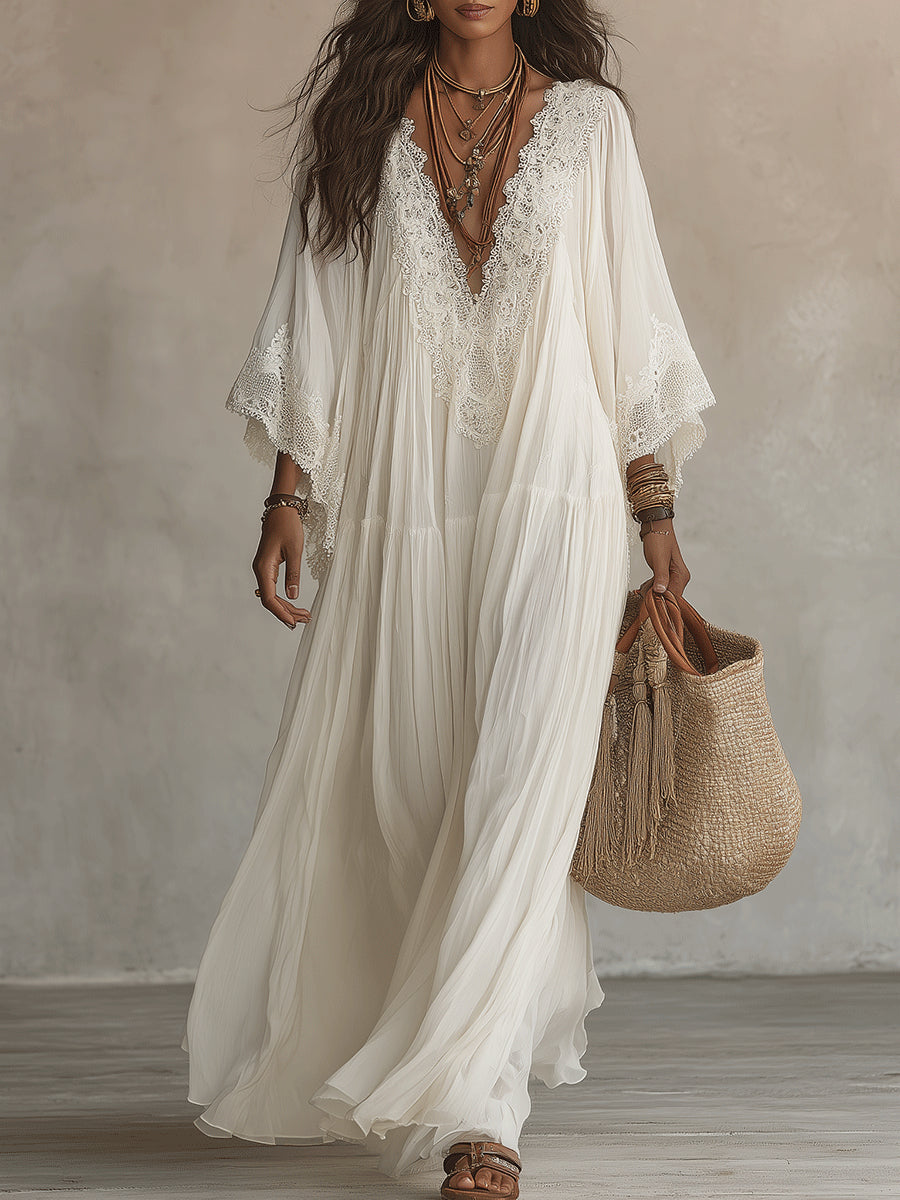 Anna | Abito Lungo in Chiffon con Scollo a V e Maniche a Pipistrello in Pizzo