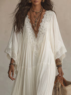Anna | Abito Lungo in Chiffon con Scollo a V e Maniche a Pipistrello in Pizzo