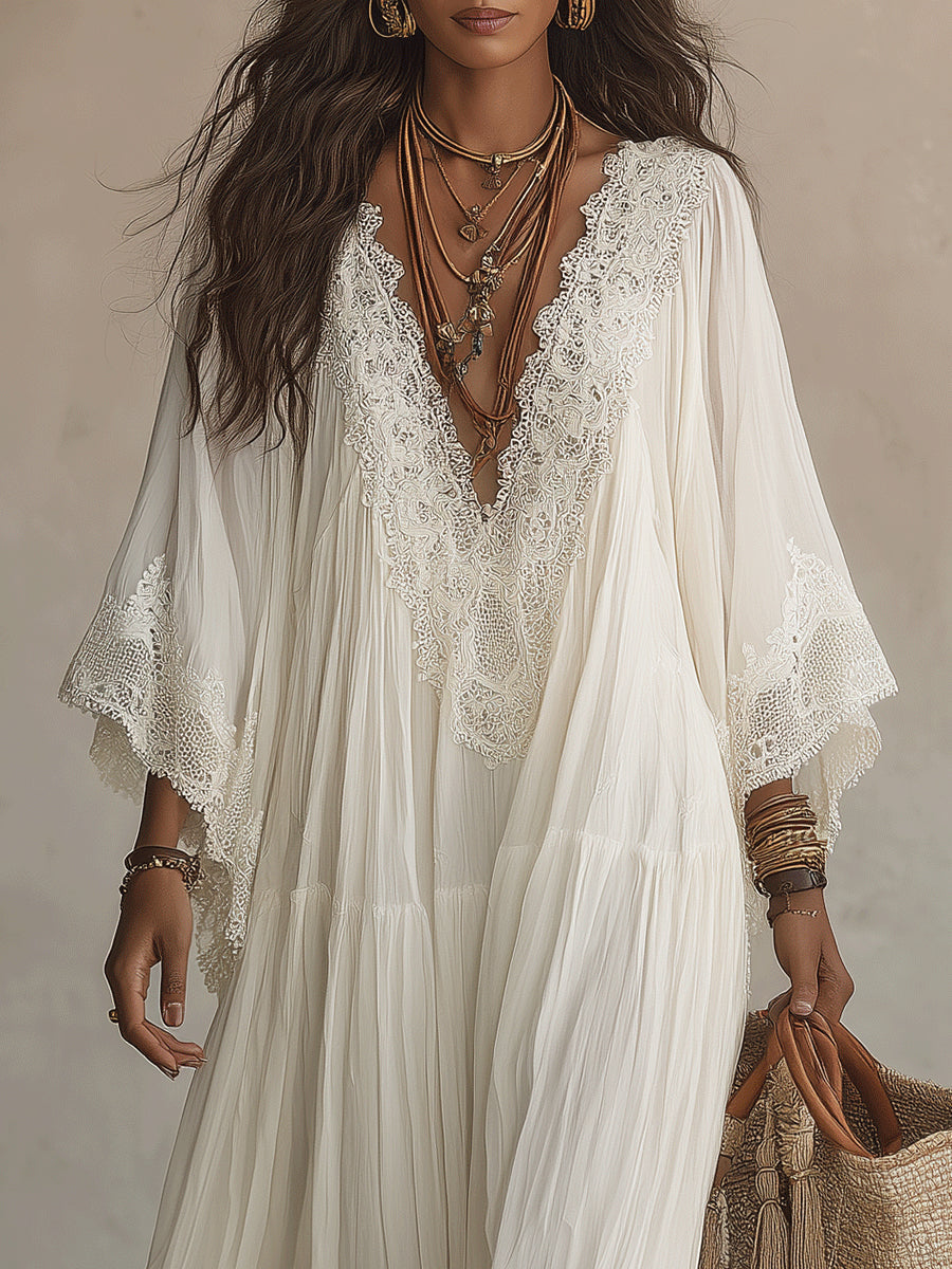 Anna | Abito Lungo in Chiffon con Scollo a V e Maniche a Pipistrello in Pizzo