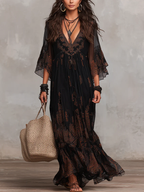 Elena | Abito Maxi in Chiffon a Fiori con Maniche a Tre Quarti e Scollatura a V Nera