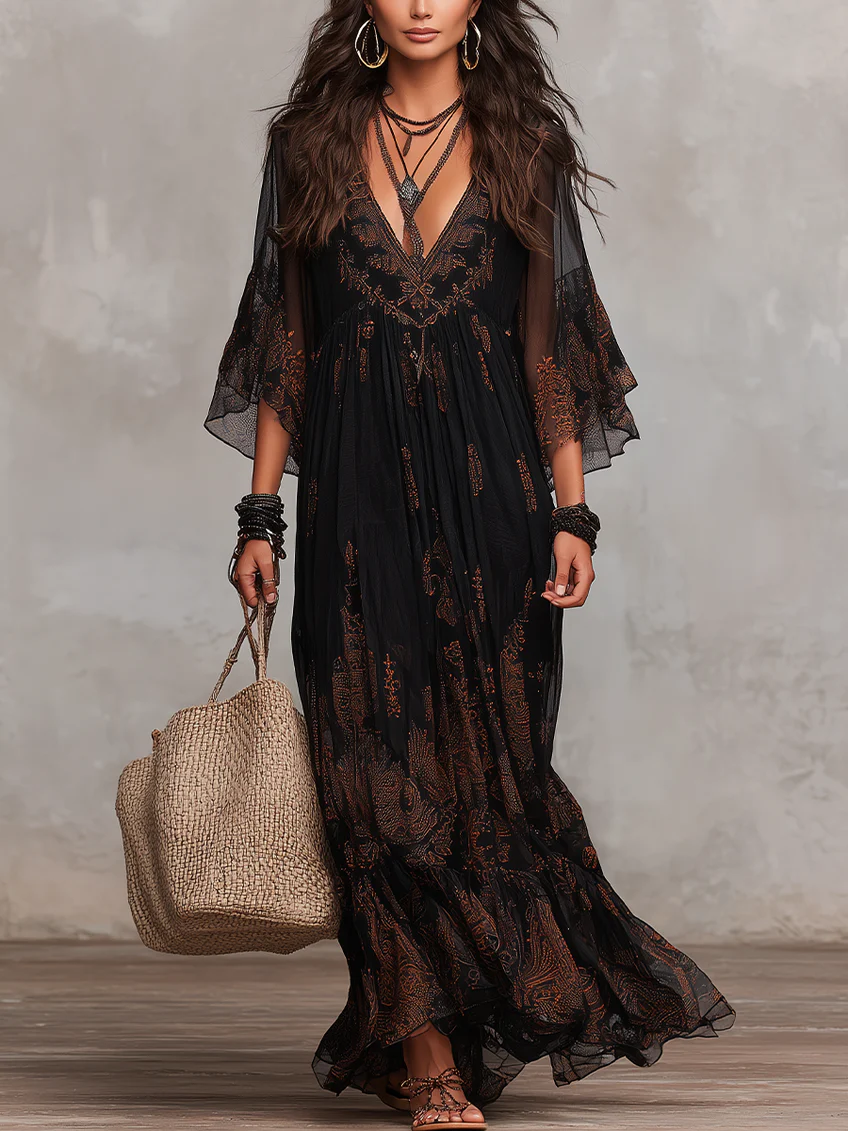 Elena | Abito Maxi in Chiffon a Fiori con Maniche a Tre Quarti e Scollatura a V Nera