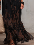 Elena | Abito Maxi in Chiffon a Fiori con Maniche a Tre Quarti e Scollatura a V Nera