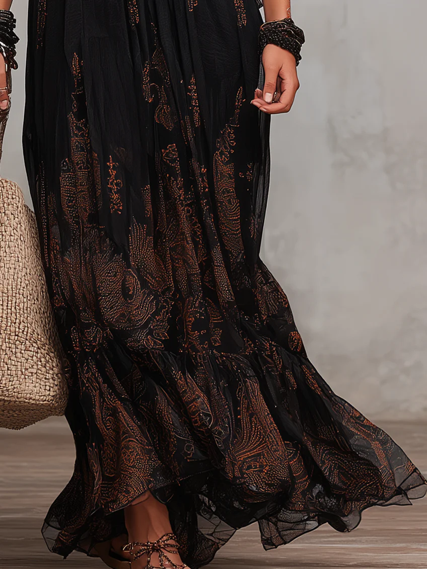 Elena | Abito Maxi in Chiffon a Fiori con Maniche a Tre Quarti e Scollatura a V Nera