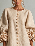 Abito Mini Button-down Beige con Maniche Floreali Stravaganti