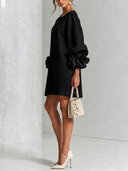 Abito Mini Button-down Nero con Maniche Floreali Stravaganti