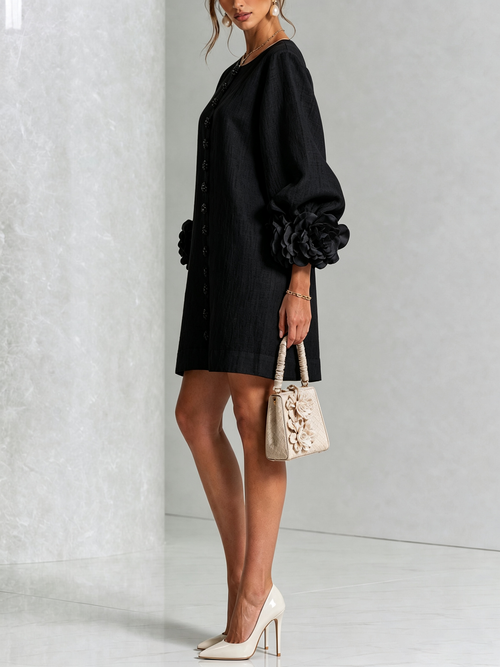 Abito Mini Button-down Nero con Maniche Floreali Stravaganti