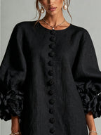 Abito Mini Button-down Nero con Maniche Floreali Stravaganti