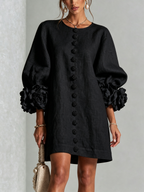 Abito Mini Button-down Nero con Maniche Floreali Stravaganti