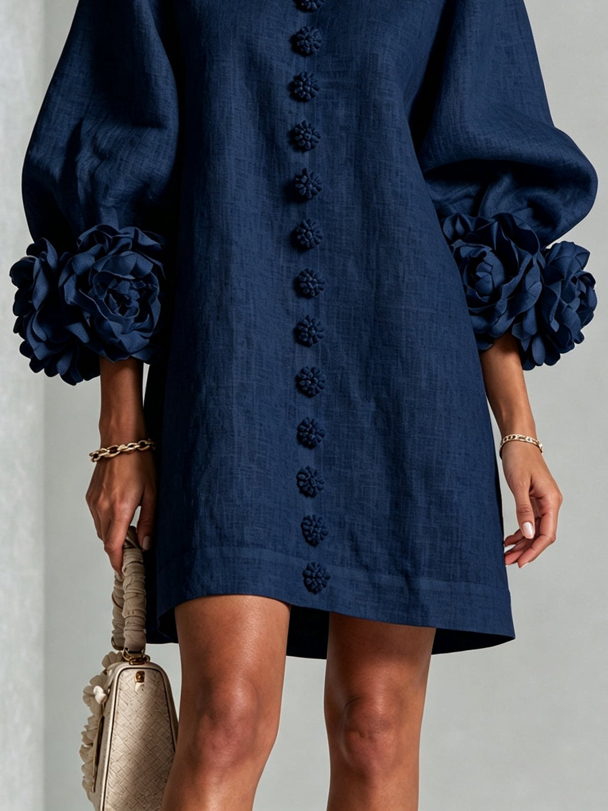 Abito Mini Button-down Floreale Blu Marino Con Maniche Floreali Stravaganti