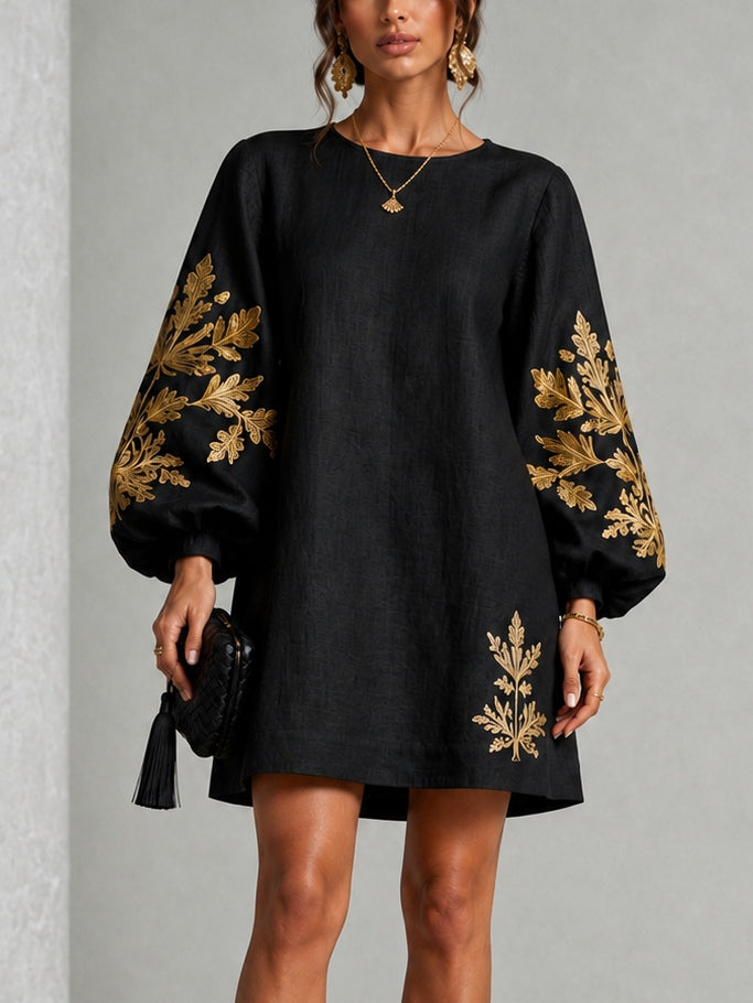 Abito Mini Nero in Stile Loose con Collo a Giro e Maniche a Lanterna