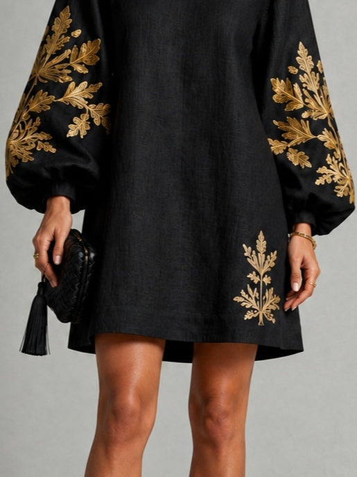 Abito Mini Nero in Stile Loose con Collo a Giro e Maniche a Lanterna