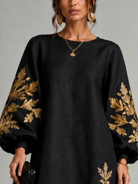 Abito Mini Nero in Stile Loose con Collo a Giro e Maniche a Lanterna