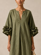 Elena | Abito Midi Verde Oliva con Scollo a V e Maniche Floreali Stravaganti