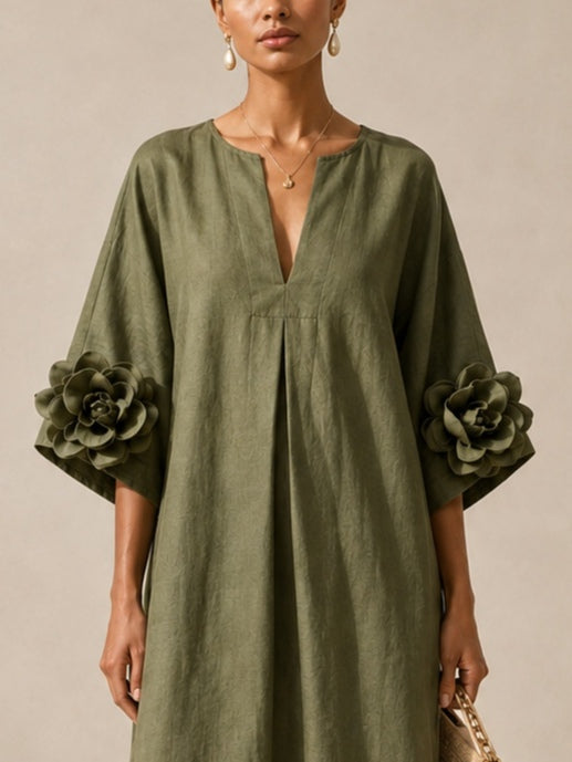 Elena | Abito Midi Verde Oliva con Scollo a V e Maniche Floreali Stravaganti