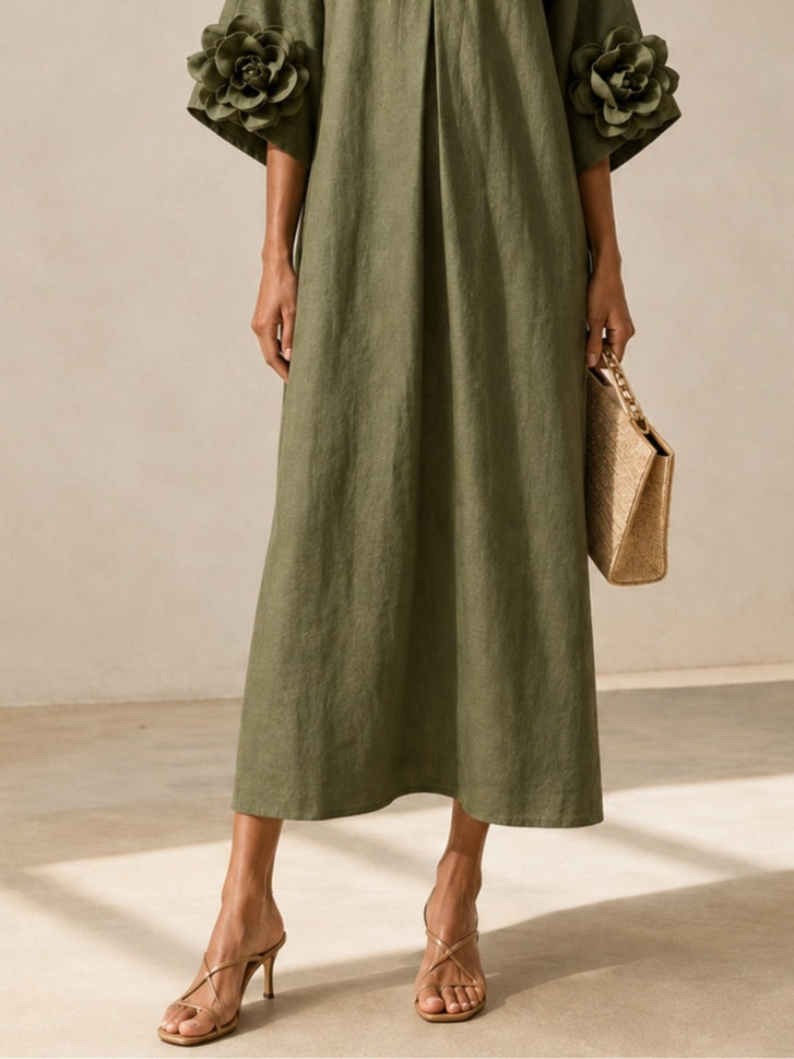 Elena | Abito Midi Verde Oliva con Scollo a V e Maniche Floreali Stravaganti