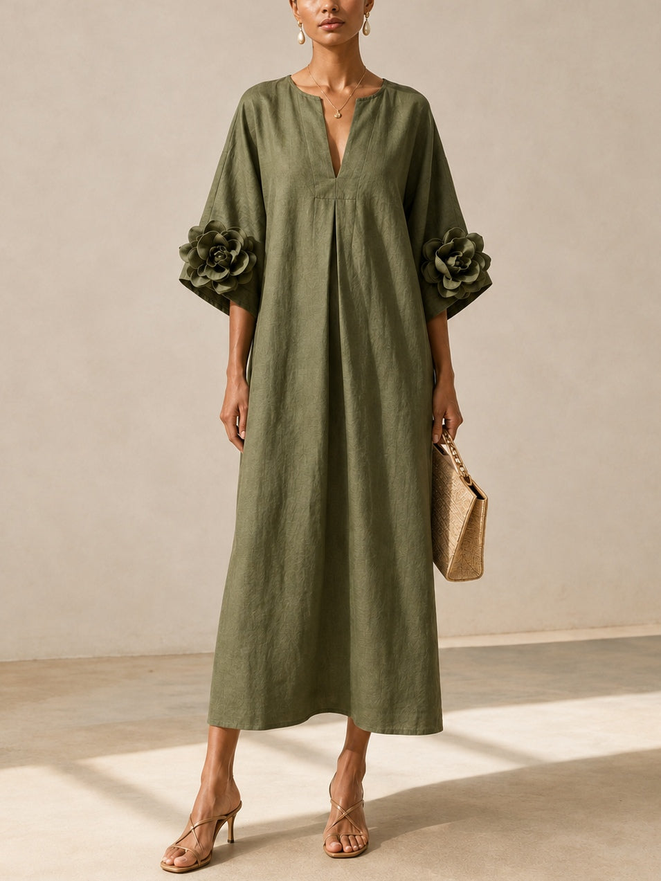Elena | Abito Midi Verde Oliva con Scollo a V e Maniche Floreali Stravaganti