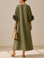 Elena | Abito Midi Verde Oliva con Scollo a V e Maniche Floreali Stravaganti