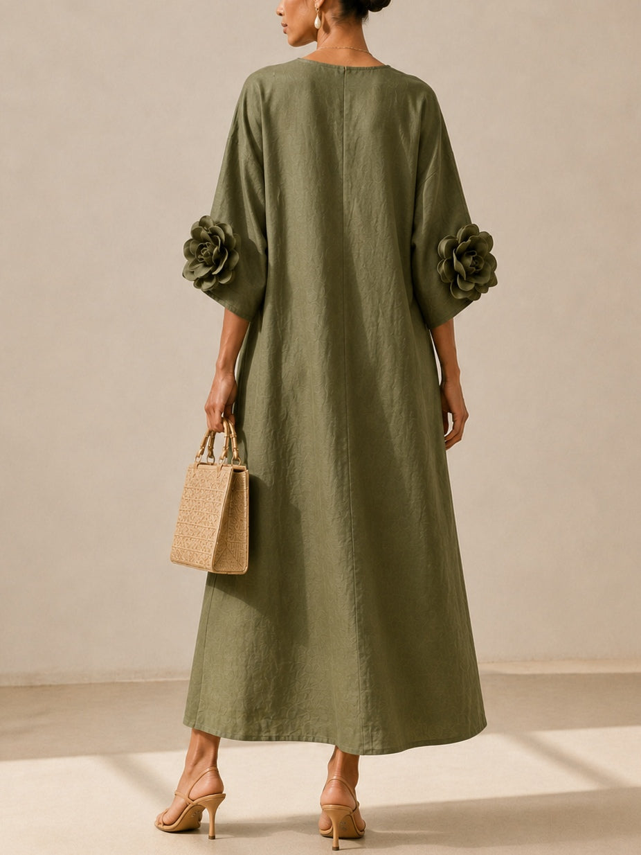 Elena | Abito Midi Verde Oliva con Scollo a V e Maniche Floreali Stravaganti