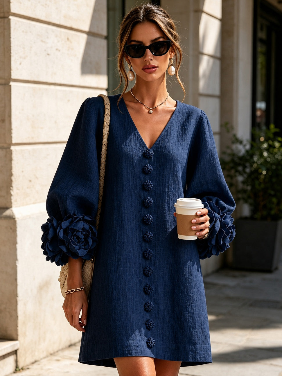 Abito Mini Button-down a V in Navy con Maniche Floreali Stravaganti