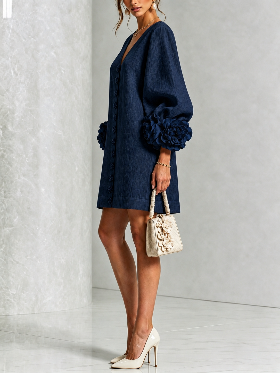 Abito Mini Button-down a V in Navy con Maniche Floreali Stravaganti
