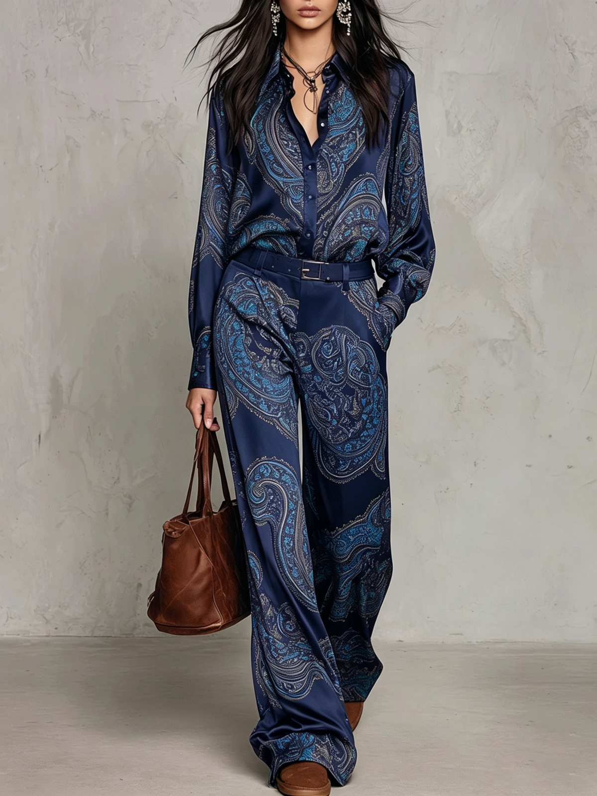 Set Camicia a Maniche Lunghe in Satin con Stampa Paisley Bordeaux-Porpora e Pantaloni a Gamba Larga (con cintura)