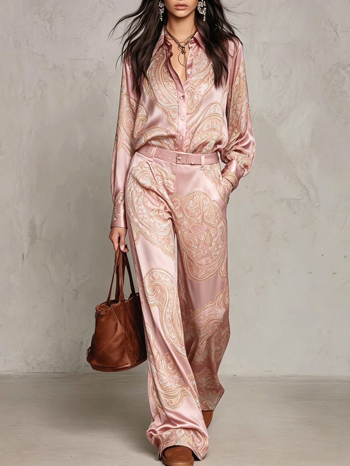 Set Camicia a Maniche Lunghe in Satin con Stampa Paisley Bordeaux-Porpora e Pantaloni a Gamba Larga (con cintura)