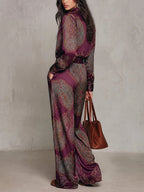 Set Camicia a Maniche Lunghe in Satin con Stampa Paisley Bordeaux-Porpora e Pantaloni a Gamba Larga (con cintura)