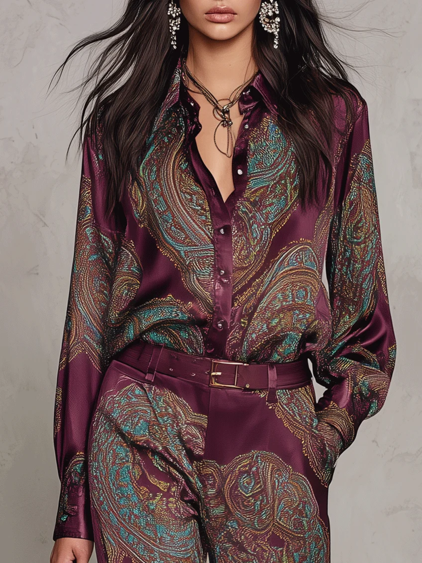Set Camicia a Maniche Lunghe in Satin con Stampa Paisley Bordeaux-Porpora e Pantaloni a Gamba Larga (con cintura)