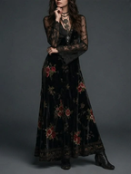 Abito Maxi in Velluto Nero con Stampa Floreale e Maniche in Pizzo