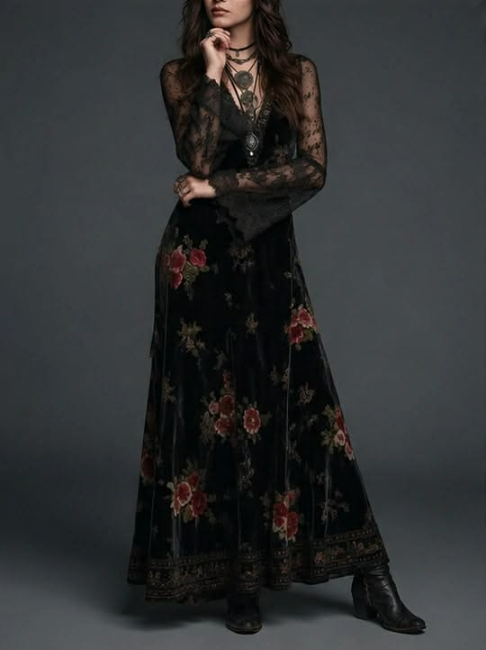 Abito Maxi in Velluto Nero con Stampa Floreale e Maniche in Pizzo