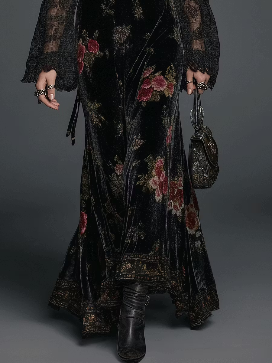 Abito Maxi in Velluto Nero con Stampa Floreale e Maniche in Pizzo